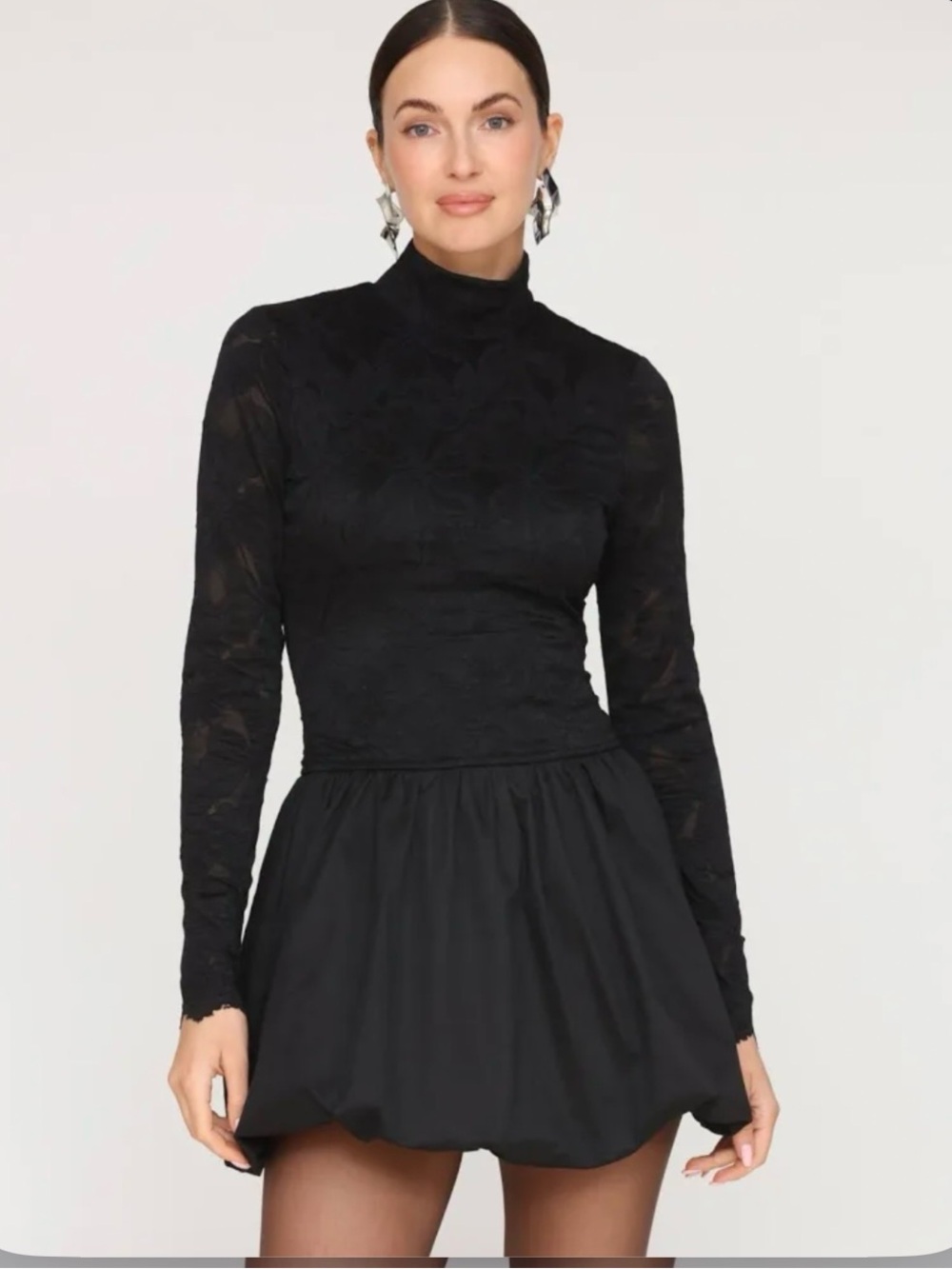 Avec Les Filles Black Long-Sleeve Lace Turtleneck Mini Dress